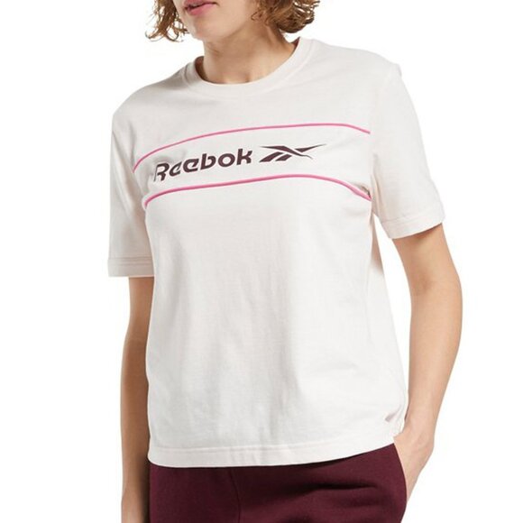 Reebok Classic Linear T-shirt Tee Pinky Beige Top Logo 100% Cotton Shirt - Picture 3 of 8